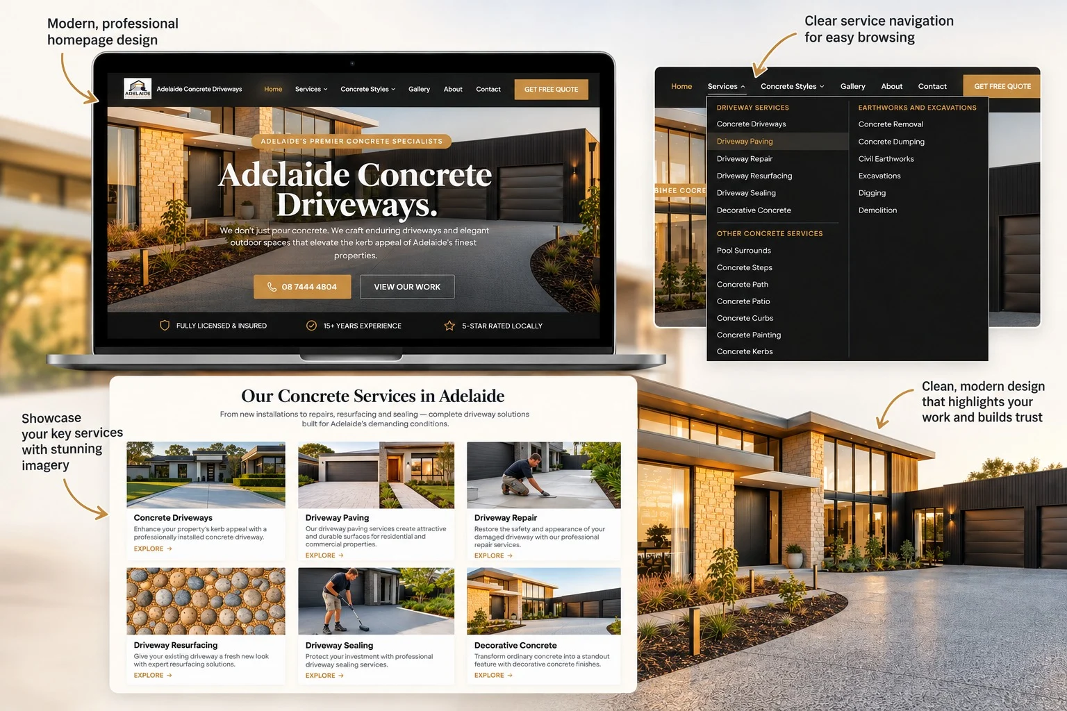 New Adelaide Concrete Driveways website: homepage, services menu and service cards