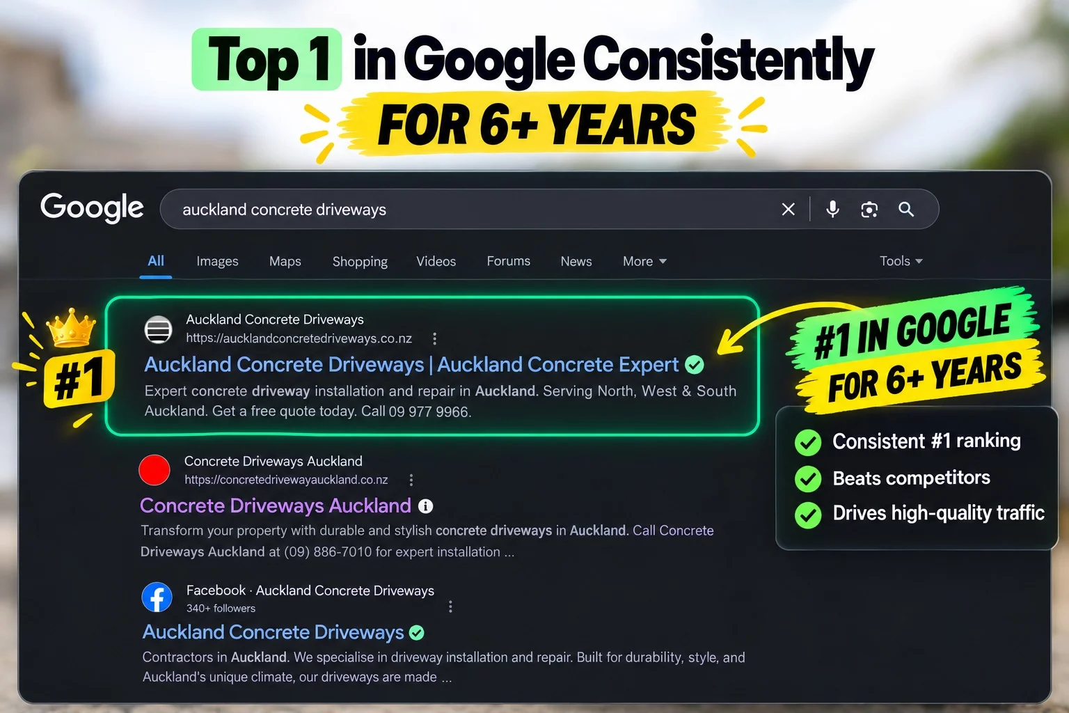 Google search for auckland concrete driveways showing aucklandconcretedriveways.co.nz in first position