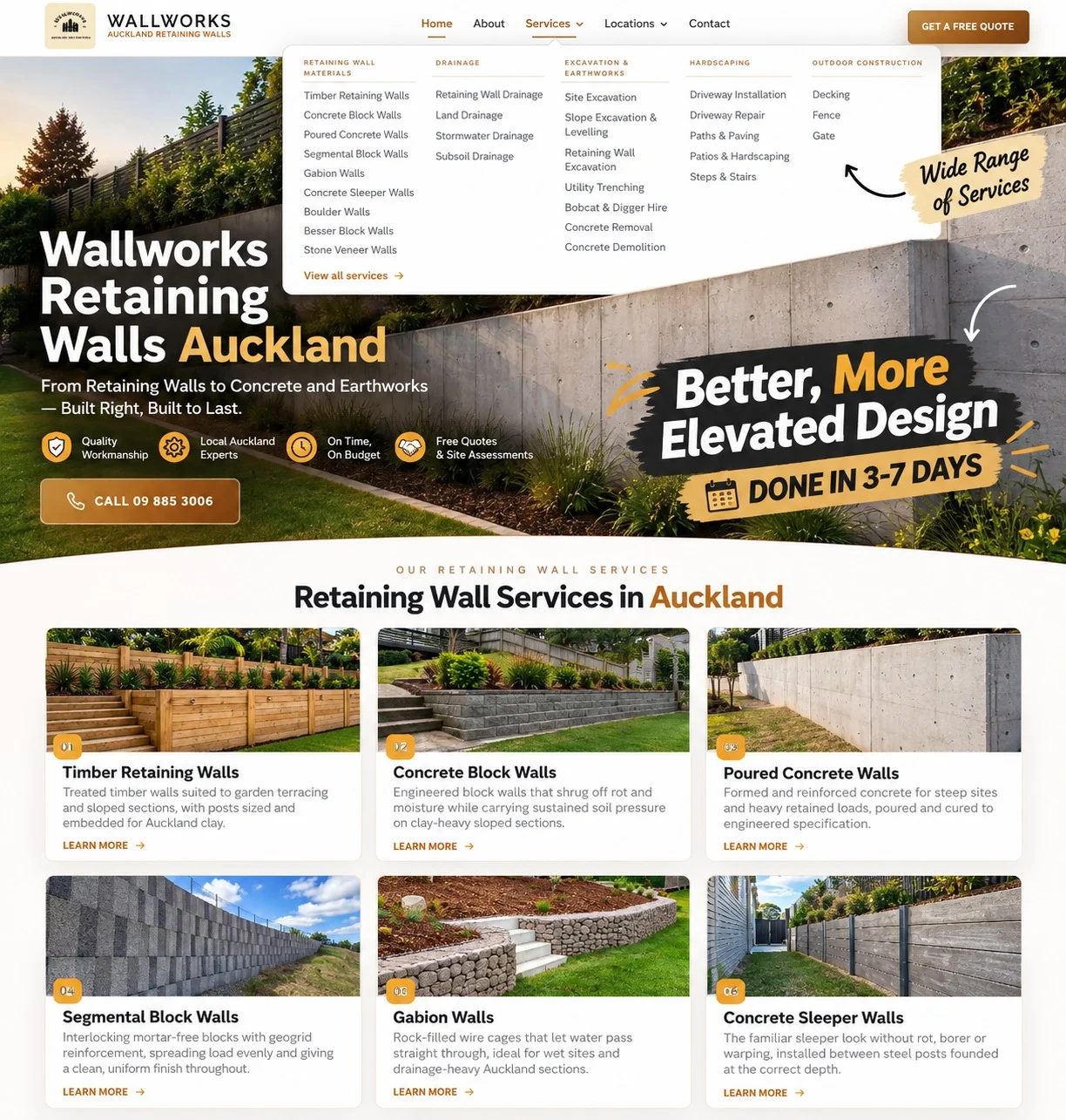 New Auckland Retaining Wall website: homepage, services menu and retaining wall service cards