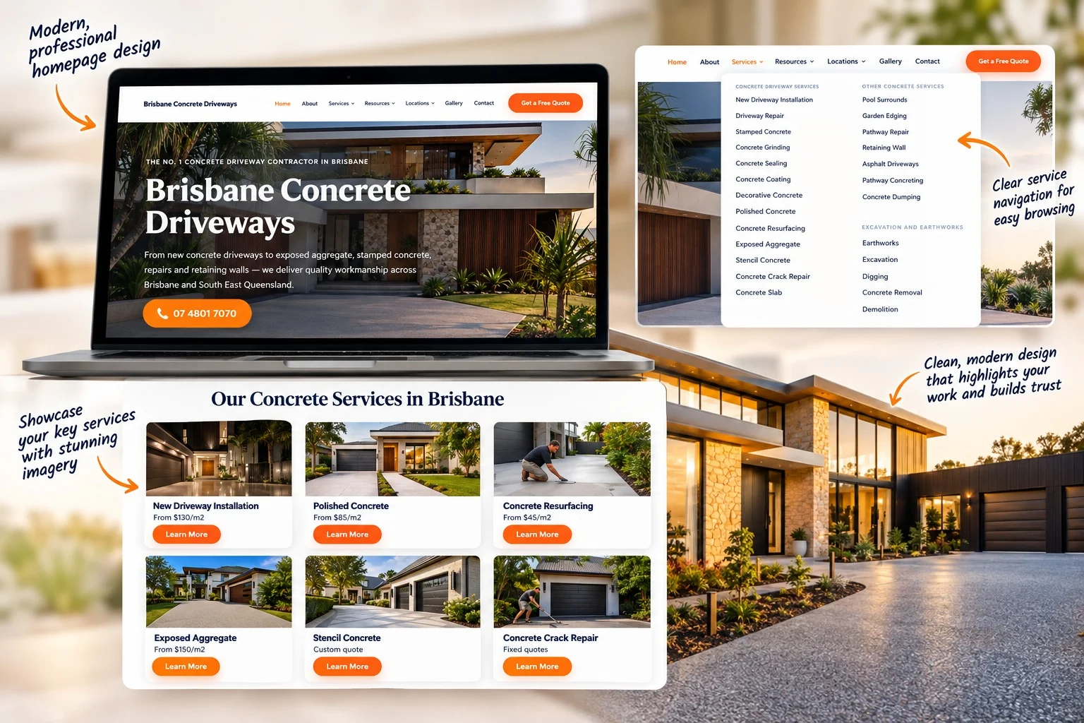 New Brisbane Concrete Driveways website: homepage, services menu and service cards