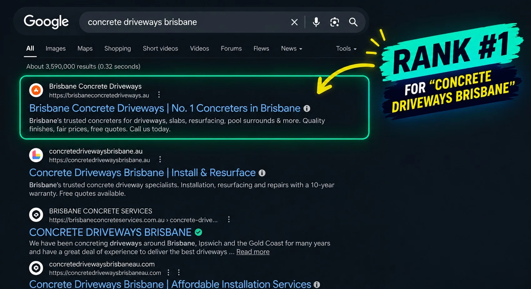 Google search for concrete driveways brisbane showing Brisbane Concrete Driveways in first position