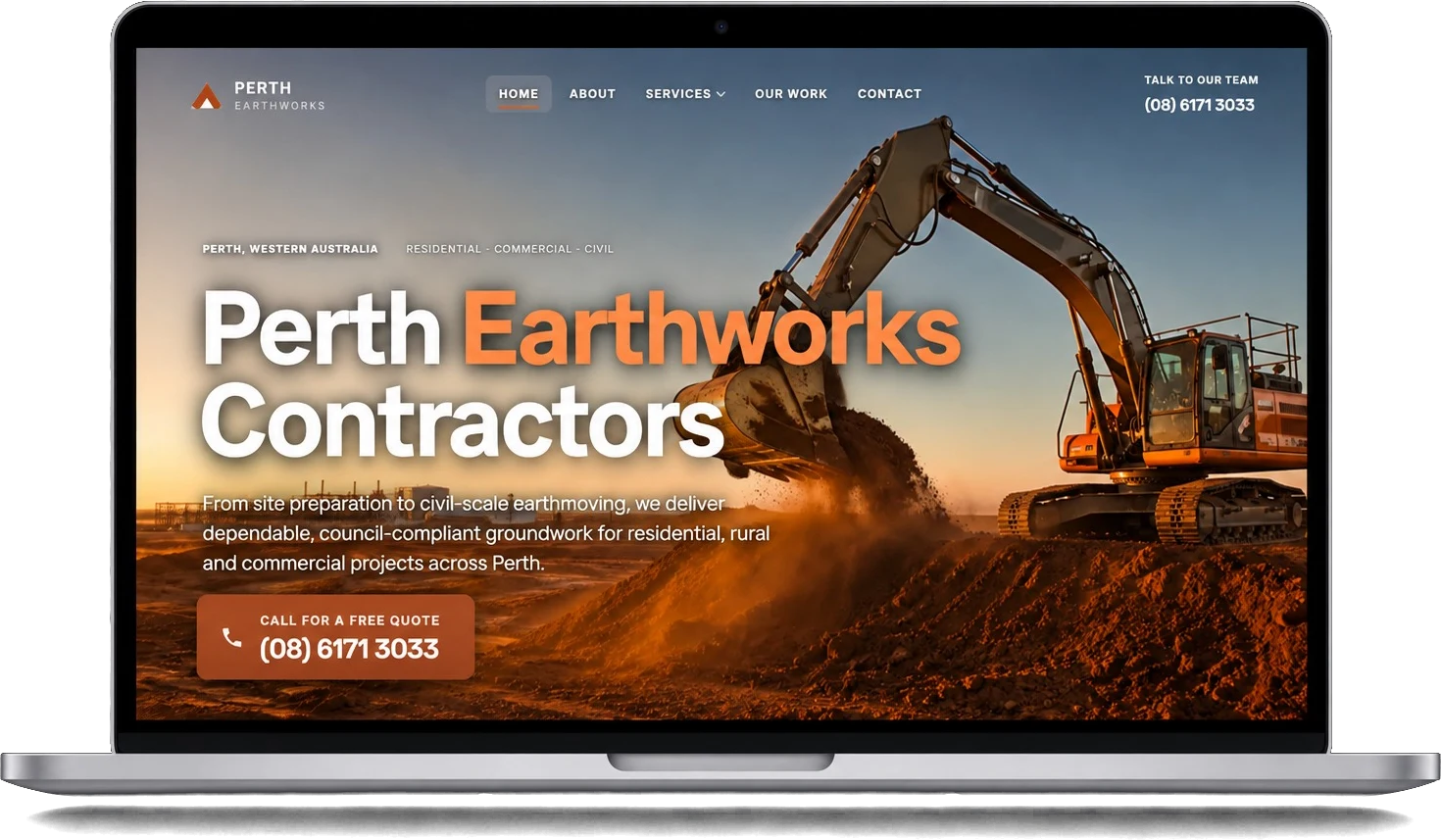 New Perth Earthworks website homepage shown on a laptop