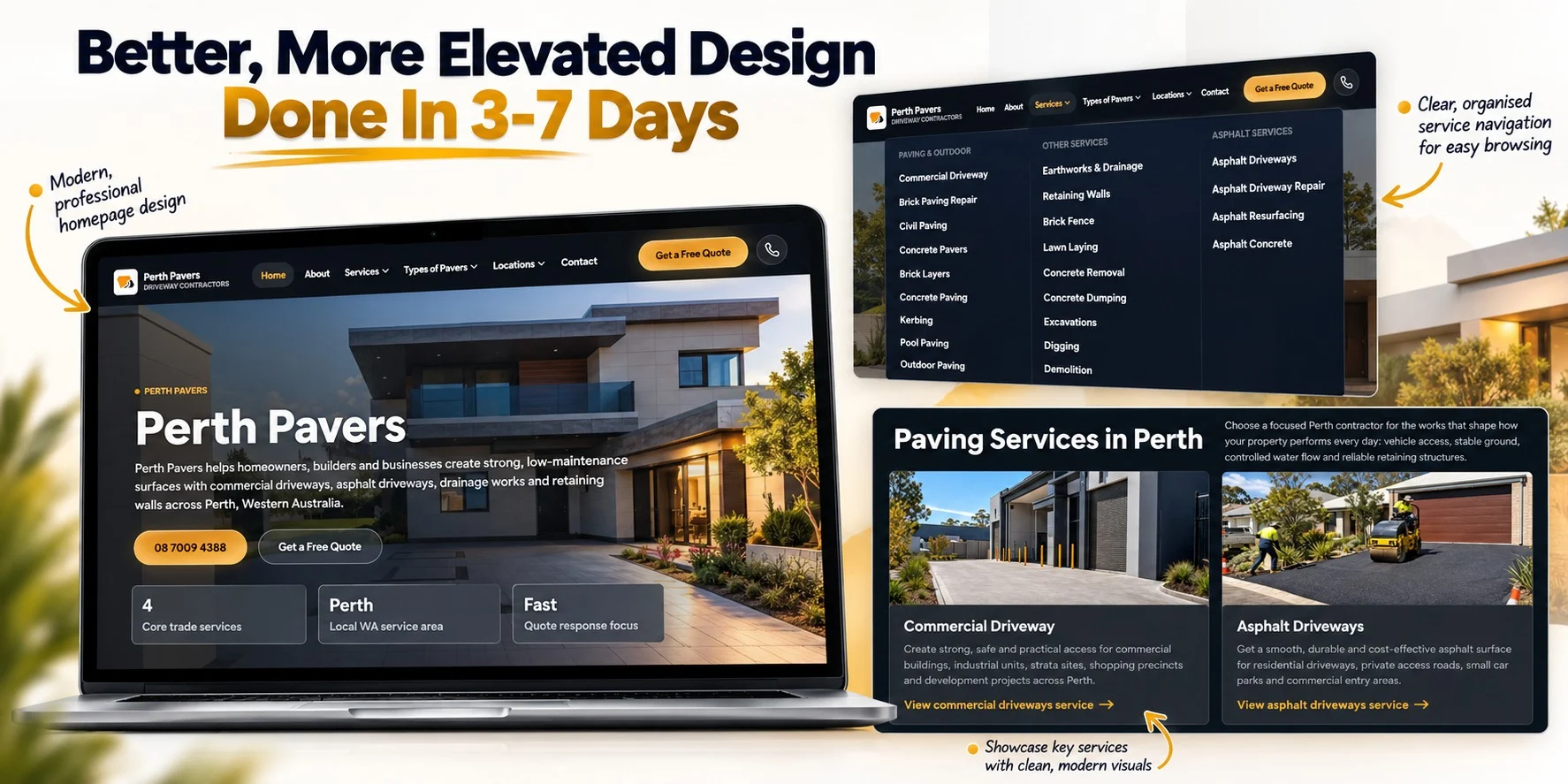 New Perth Pavers website: homepage, services menu and paving service cards
