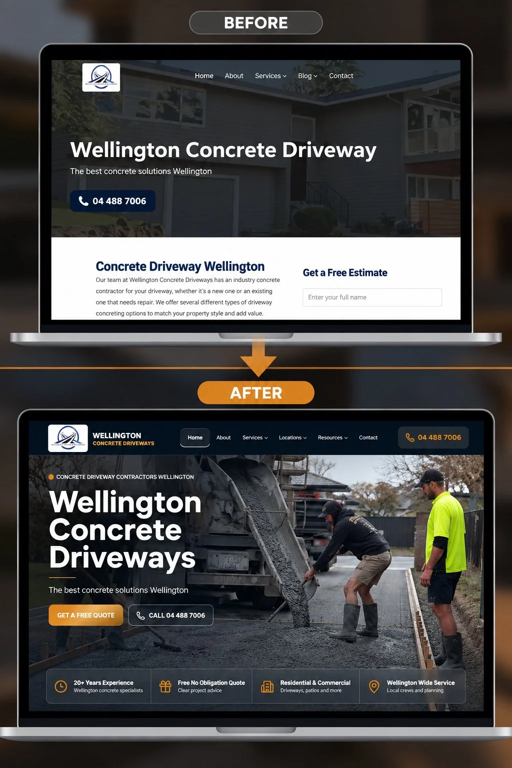 Wellington Concrete Driveways website before and after the redesign