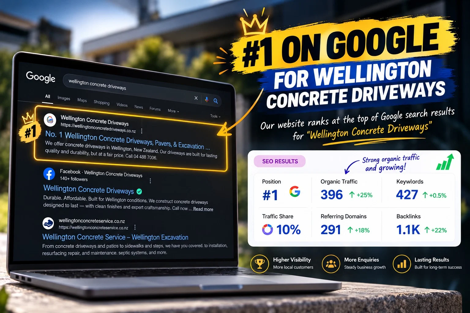 Google search for wellington concrete driveways showing wellingtonconcretedriveways.co.nz in first position