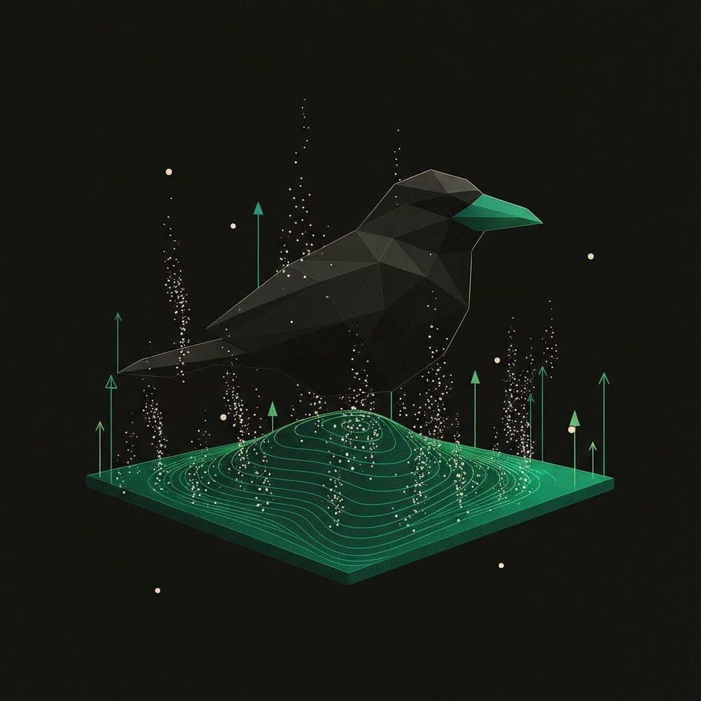 Futuristic digital design of a geometric blackbird perched on a green digital platform with data-inspired elements, representing Blackbird Digital Marketing Agency's growth expertise in New Y