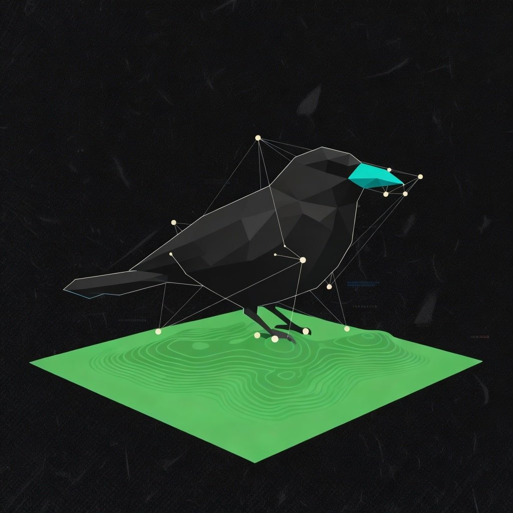 Low-poly blackbird with network connections standing on green digital platform, symbolizing online growth and SEO strategies for high-ticket masonry projects.